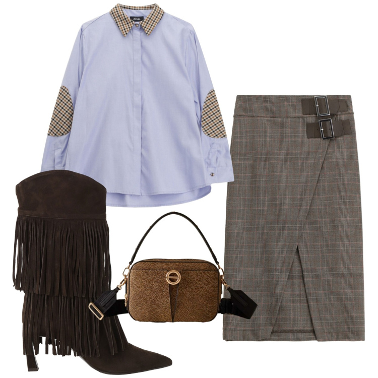 Outfit donna - Total look #2290834. Stile Trendy per Tutti i giorni. Abbinamento con borse a tracolla, camicie, stivali, gonne longuette.