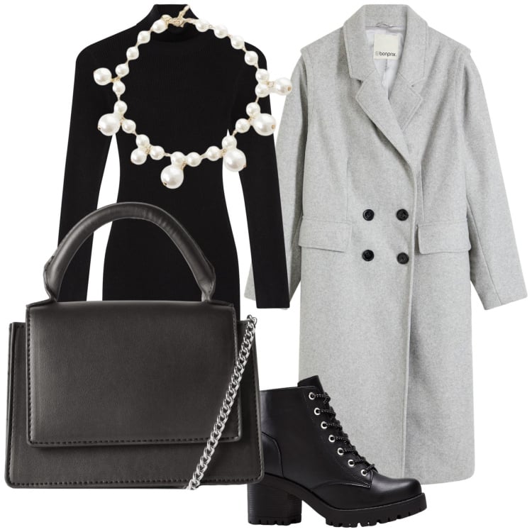 Outfit donna - Cena con colleghi. Stile Bon Ton per Serata fuori. Abbinamento con stivaletti, cappotti, vestiti corti, borse a tracolla, collane.