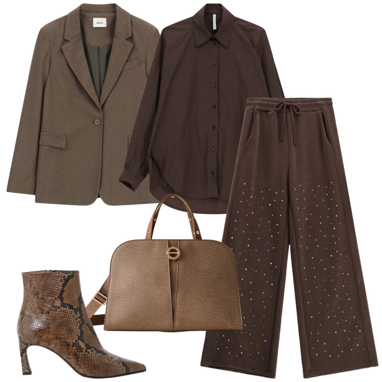 Outfit donna - Ufficio/cerimonia/serata/evento. Stile Mannish per Cerimonia. Abbinamento con pantaloni, camicie, borse a mano, stivaletti, blazer.