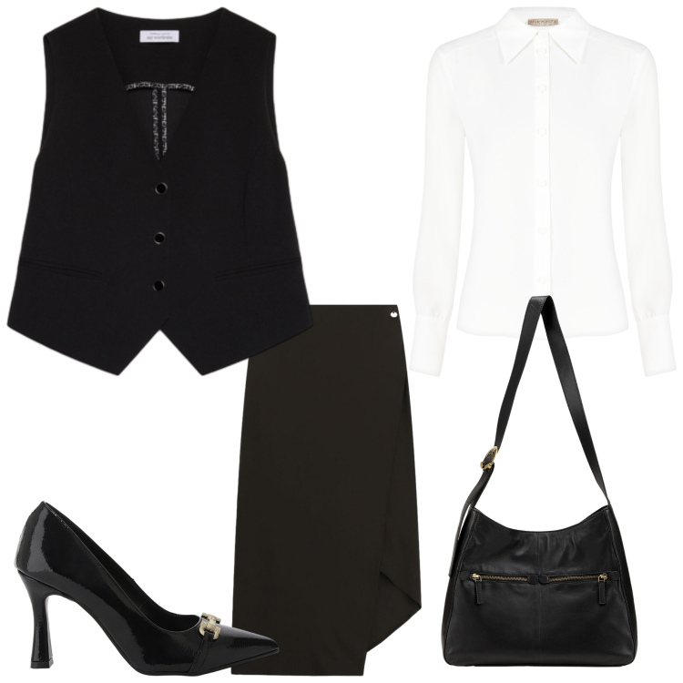 Outfit donna - Serata chic. Stile Chic per Serata fuori. Abbinamento con borse a tracolla, camicie, gonne lunghe, décolleté, gilet.