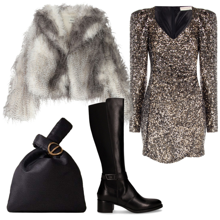 Outfit donna - Abito corto con paillettes. Stile Glamour per Serata fuori. Abbinamento con vestiti corti, borse a mano, blazer, stivali.