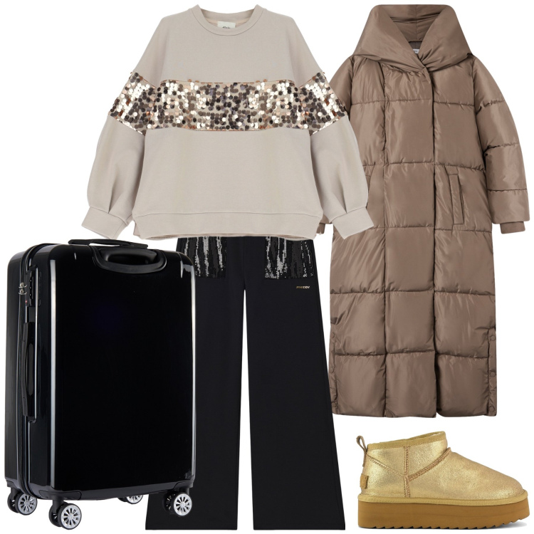 Outfit donna - In viaggio col freddo. Stile Trendy per Tutti i giorni. Abbinamento con cappotti, pantaloni, valigie, felpe, stivaletti.