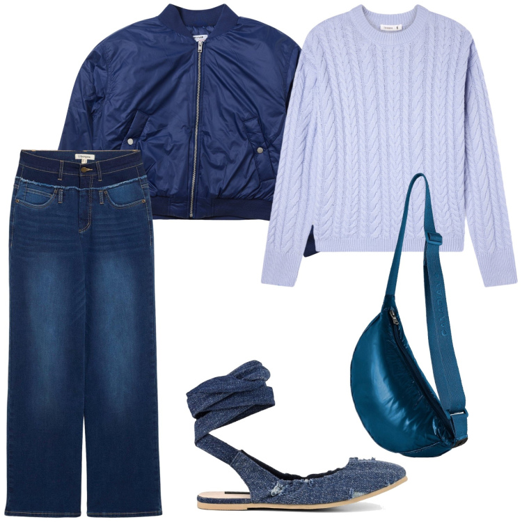 Outfit donna - Il blu e le sue sfumature. Stile Sporty chic per Tutti i giorni. Abbinamento con jeans dritti, bomber, maglieria, borse a tracolla, ballerine.