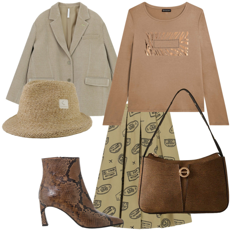 Outfit donna - Total look. Stile Urban per Ufficio. Abbinamento con blazer, gonne longuette, stivaletti, borse a mano, t-shirt, cappelli.