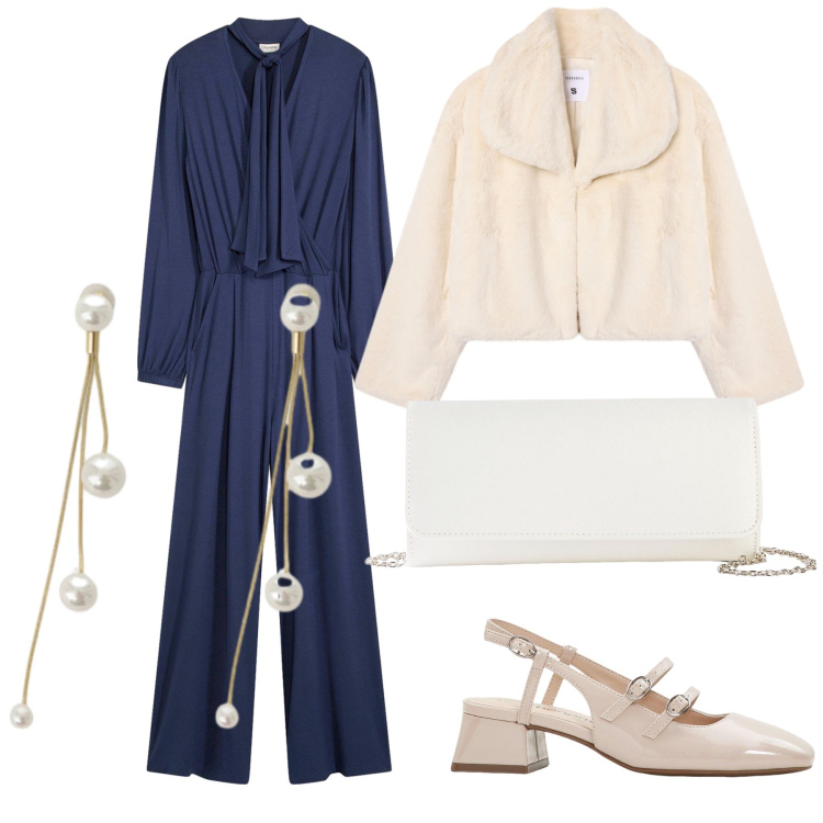 Outfit donna - Invitata in tuta blu. Stile Glamour per Cerimonia. Abbinamento con pochette, tute, décolleté, ecopellicce, orecchini.