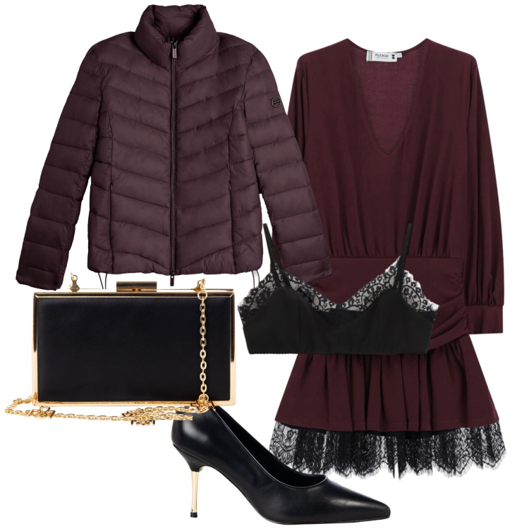 Outfit donna - Vestitino originale. Stile Glamour per Serata fuori. Abbinamento con vestiti corti, décolleté, pochette, bralette, piumini.