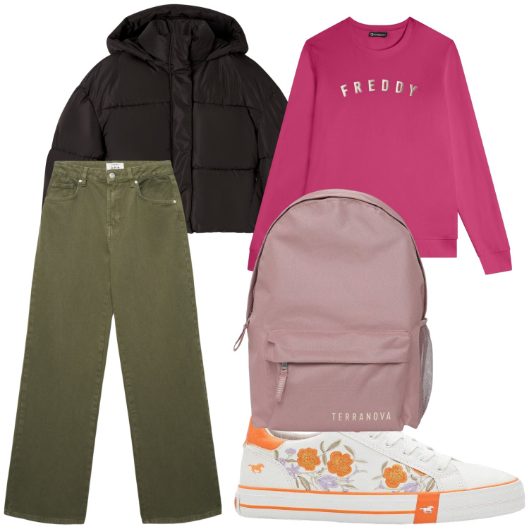 Outfit donna - Un po’ di colore. Stile Trendy per Tutti i giorni. Abbinamento con sneakers, zaini, bomber, jeans, felpe.
