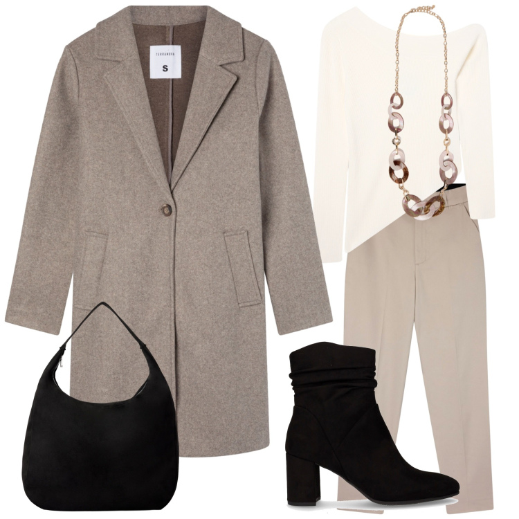 Outfit donna - Attendendo l\'inverno. Stile Casual chic per Ufficio. Abbinamento con pantaloni chino, maglieria, cappotti, borse a mano, collane, stivaletti.