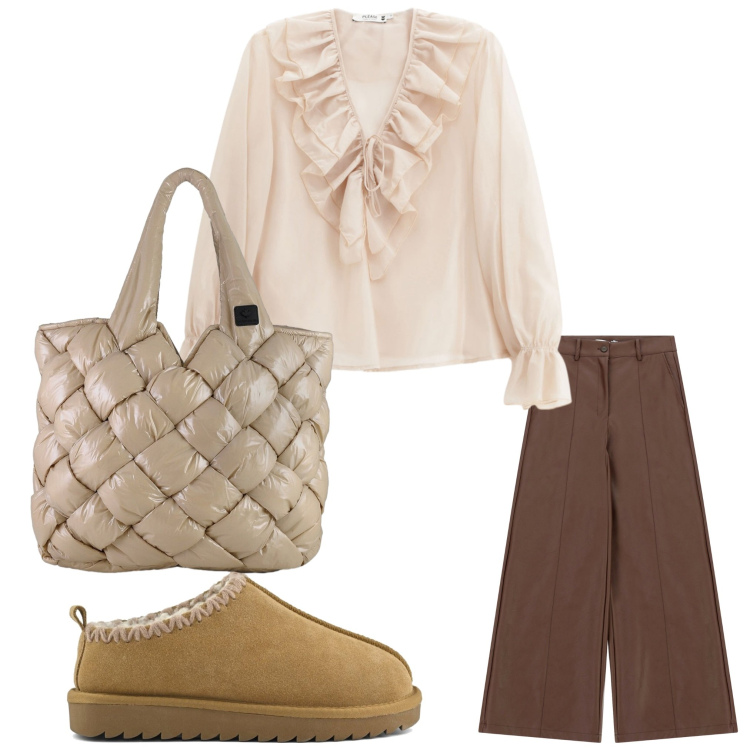 Outfit donna - Stile. Stile Chic per Serata fuori. Abbinamento con camicie, pantaloni a palazzo, borse tote, sabot.