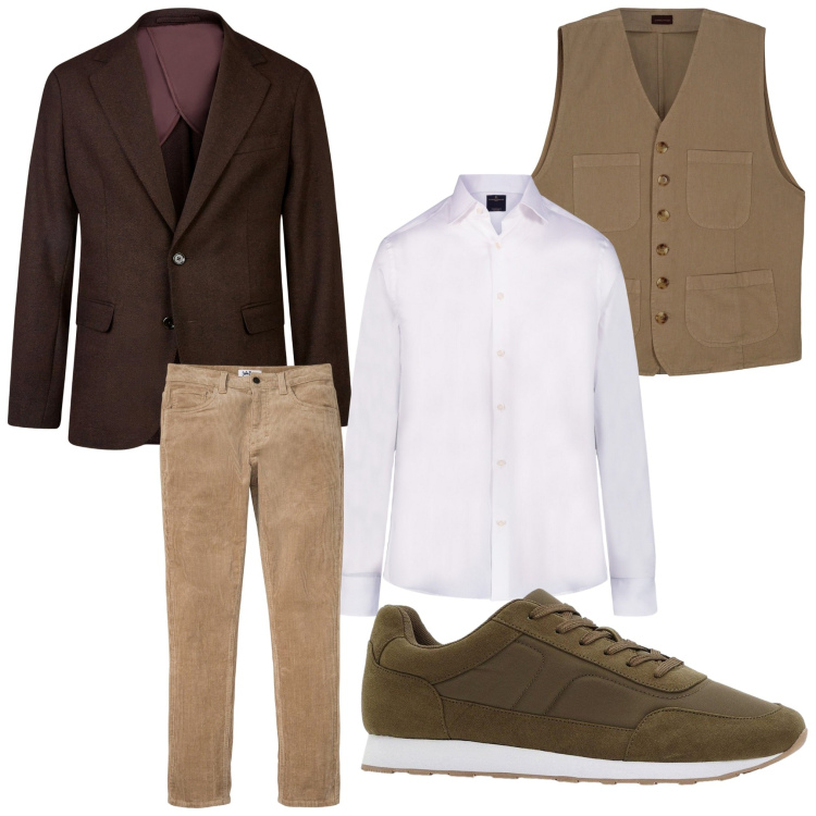 Outfit uomo - Look. Stile Business/Elegante per Serata speciale. Abbinamento con pantaloni, sneakers, camicie, gilet, giacche.