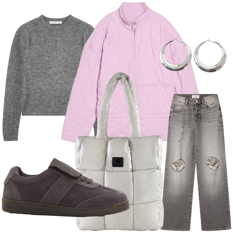 Outfit donna - Look energico. Stile Urban per Scuola/Università. Abbinamento con giacche, sneakers, jeans strappati, maglieria, orecchini, shopping bag.
