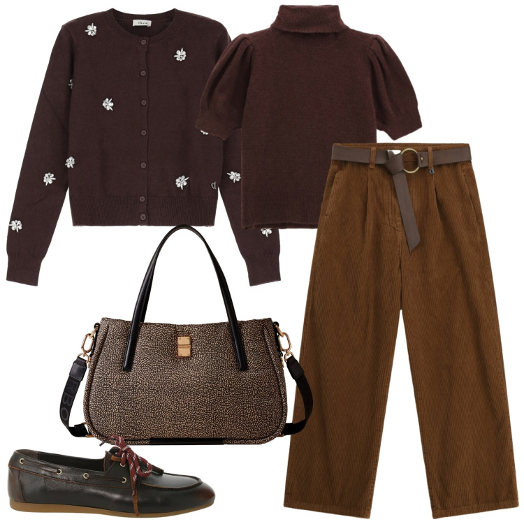 Outfit donna - Total look #2290874. Stile Casual chic per Ufficio. Abbinamento con shopping bag, pantaloni a palazzo, cardigans, maglieria, scarpe stringate.