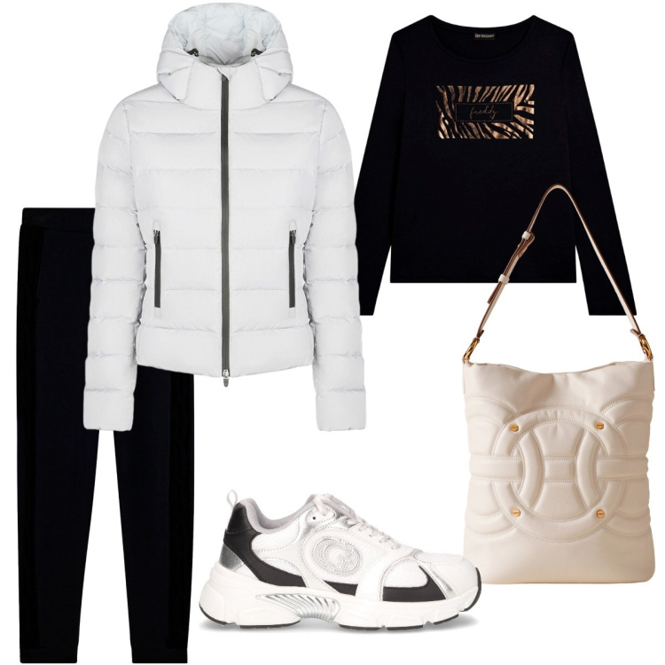 Outfit donna - Sporty-chic. Stile Sporty chic per Tutti i giorni. Abbinamento con borse a secchiello, t-shirt, pantaloni, piumini, sneakers.