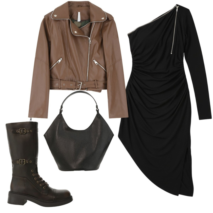 Outfit donna - Total look #2290879. Stile Casual chic per Tutti i giorni. Abbinamento con vestiti asimmetrici, giacche, stivali, borse a spalla.