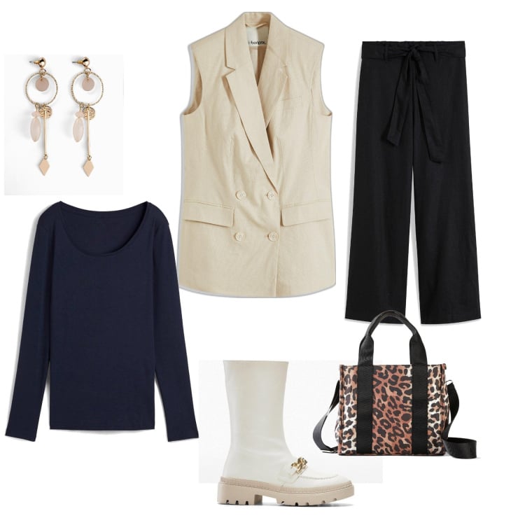 Outfit femme - Black and white. Style Casual chic Assortir avec boucles d'oreilles, jupe-culotte, t-shirts, blazers, bottes, sacs à main.