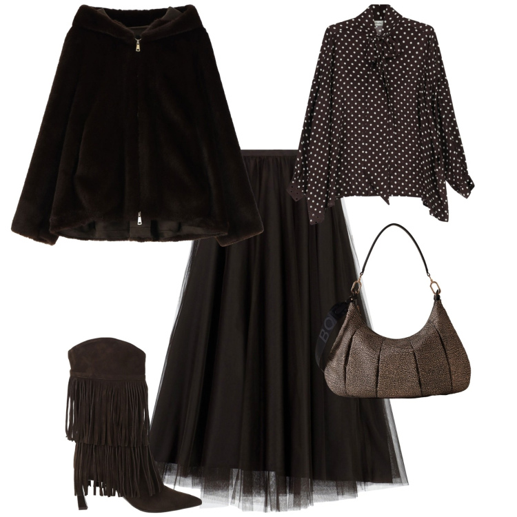 Outfit donna - Chic marrone e pois. Stile Chic per Tutti i giorni. Abbinamento con gonne lunghe, borse a spalla, stivali, pantaloni, camicie.