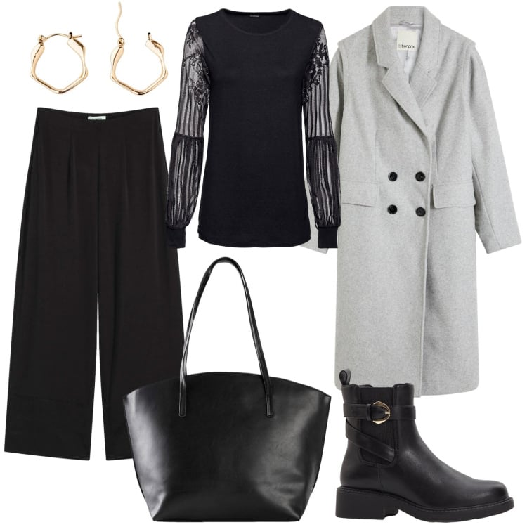 Outfit donna - Bonprix classico. Stile Minimal per Tutti i giorni. Abbinamento con pantaloni, shopping bag, bluse, cappotti, stivaletti chelsea, orecchini.