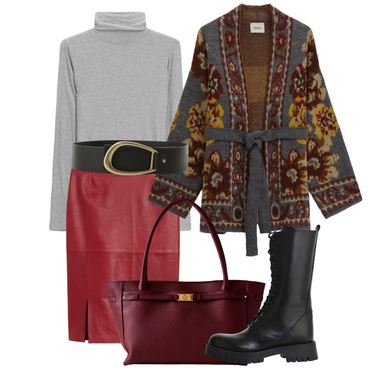 Outfit donna - Novembre. Stile Bon Ton per Ufficio. Abbinamento con gonne, shopping bag, stivali, t-shirt, cinture, cardigans.