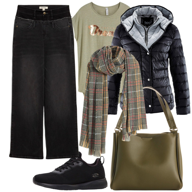 Outfit donna - La sciarpa a quadri. Stile Casual per Tutti i giorni. Abbinamento con sneakers, maglieria, sciarpe, piumini, jeans dritti, borse a mano.
