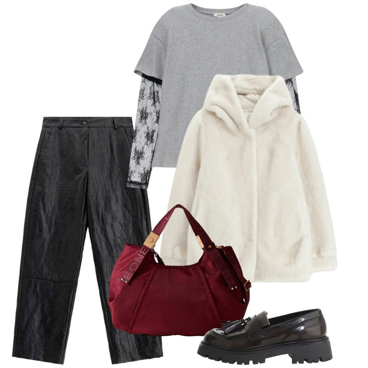 Outfit donna - Novembre. Stile Chic per Tutti i giorni. Abbinamento con pantaloni, ecopellicce, borse a mano, t-shirt, mocassini.