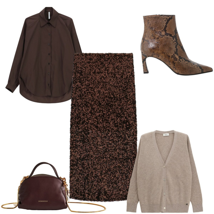 Outfit donna - Caldo, dolce, cardigan. Stile Glamour per Serata fuori. Abbinamento con camicie, borse a mano, cardigans, gonne longuette, stivaletti.