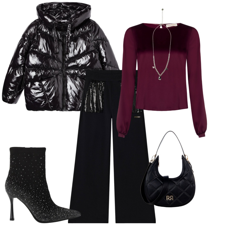Outfit donna - Chic serata speciale. Stile Chic per Serata fuori. Abbinamento con bluse, borse a tracolla, bomber, stivaletti, pantaloni, ciondoli.