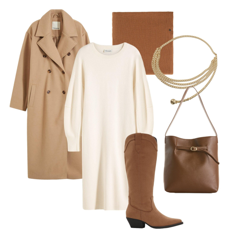 Outfit donna - L’abito caldo passpartout. Stile Trendy per Tutti i giorni. Abbinamento con vestiti, stivali, cappotti, borse a mano, collane, sciarpe.