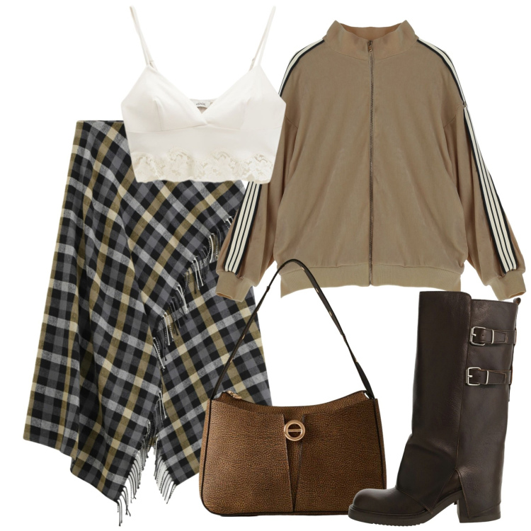 Outfit donna - Novembre col top. Stile Trendy per Tutti i giorni. Abbinamento con borse a mano, gonne lunghe, felpe, top, stivali.