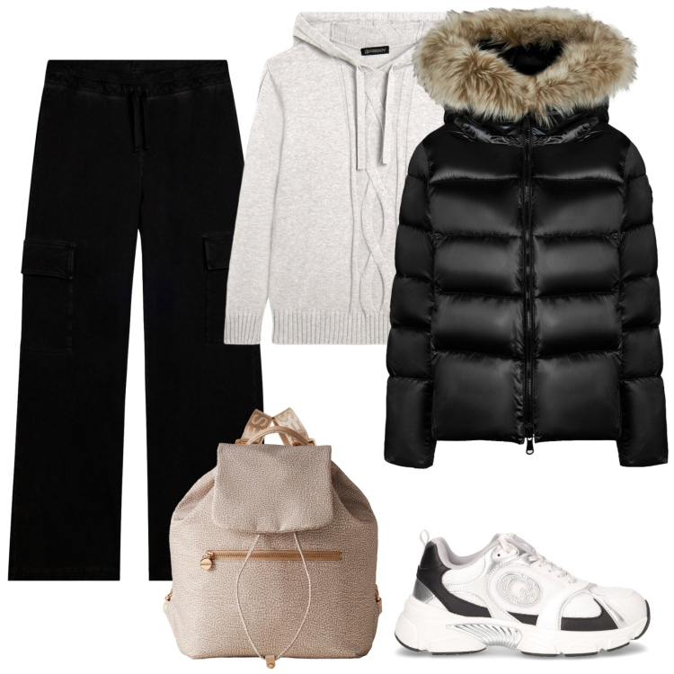 Outfit donna - Il piumino con pelliccia. Stile Sporty chic per Tutti i giorni. Abbinamento con zaini, maglieria, pantaloni cargo, piumini, sneakers.