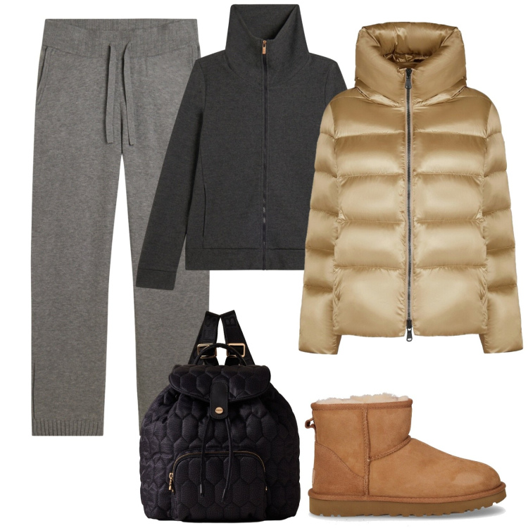 Outfit donna - Il piumino dorato. Stile Sporty chic per Tutti i giorni. Abbinamento con zaini, pantaloni, felpe, piumini, stivaletti chelsea.