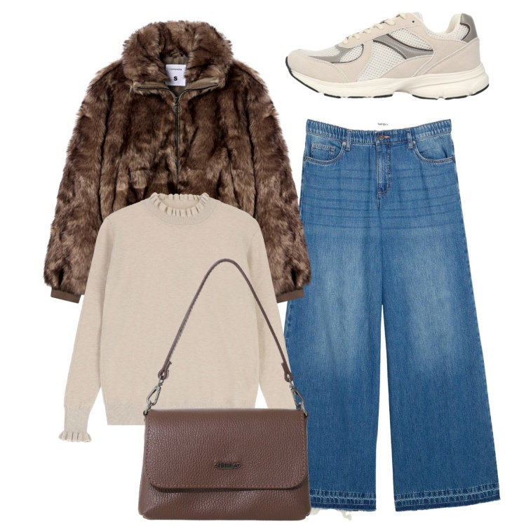 Outfit donna - Total look. Stile Basic per Scuola/Università. Abbinamento con jeans, sneakers, ecopellicce, borse a tracolla, maglieria.