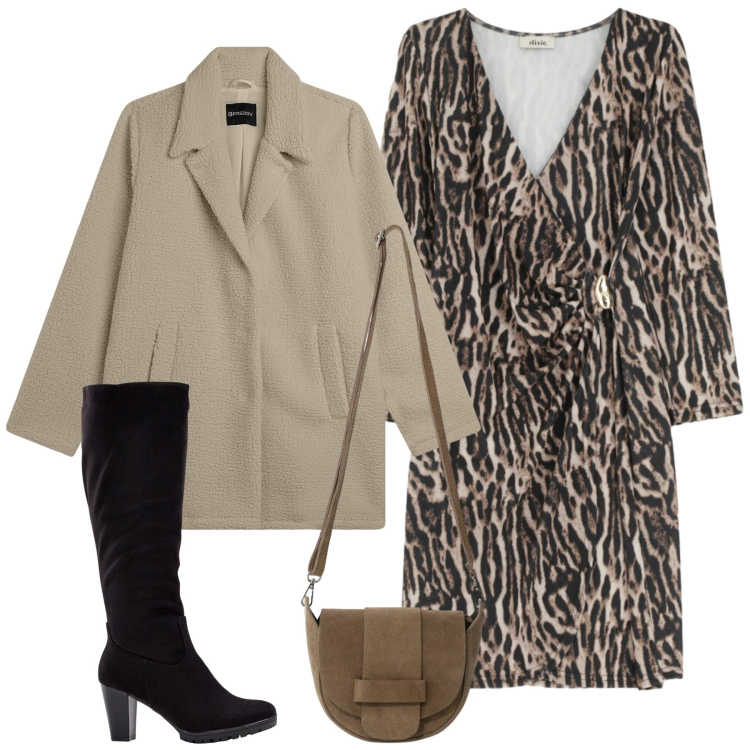 Outfit donna - Chic. Stile Chic per Serata fuori. Abbinamento con stivali, cappotti, vestiti corti, borse a tracolla.