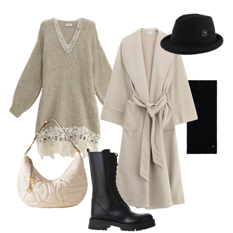 Outfit donna - Alternativa in città. Stile Trendy per Tutti i giorni. Abbinamento con cappotti, borse a spalla, sciarpe, vestiti corti, stivali, cappelli.