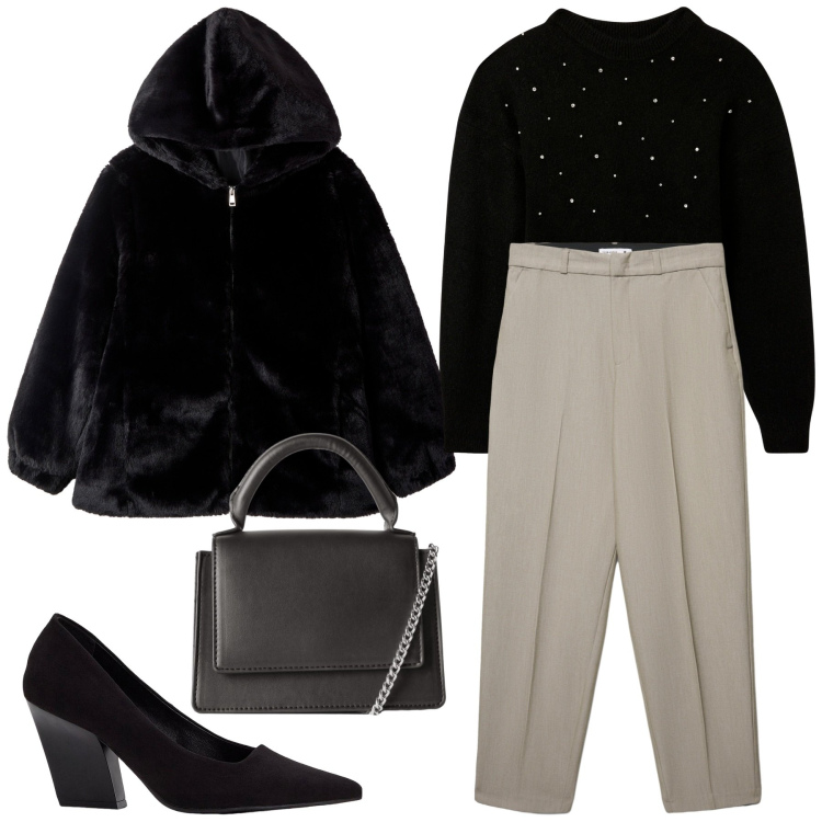 Outfit donna - Serata in città. Stile Glamour per Serata fuori. Abbinamento con décolleté, maglieria, borse a tracolla, ecopellicce, pantaloni chino.