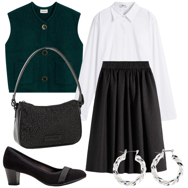 Outfit donna - Look festoso. Stile Glamour per Tutti i giorni. Abbinamento con orecchini, décolleté, borse a mano, camicie, maglieria, gonne lunghe.