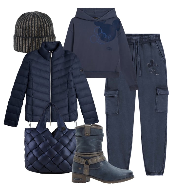 Outfit donna - “Freddo Freddy” in blu. Stile Casual per Tutti i giorni. Abbinamento con stivali, pantaloni cargo, felpe con cappuccio, piumini, borse tote, berretti.