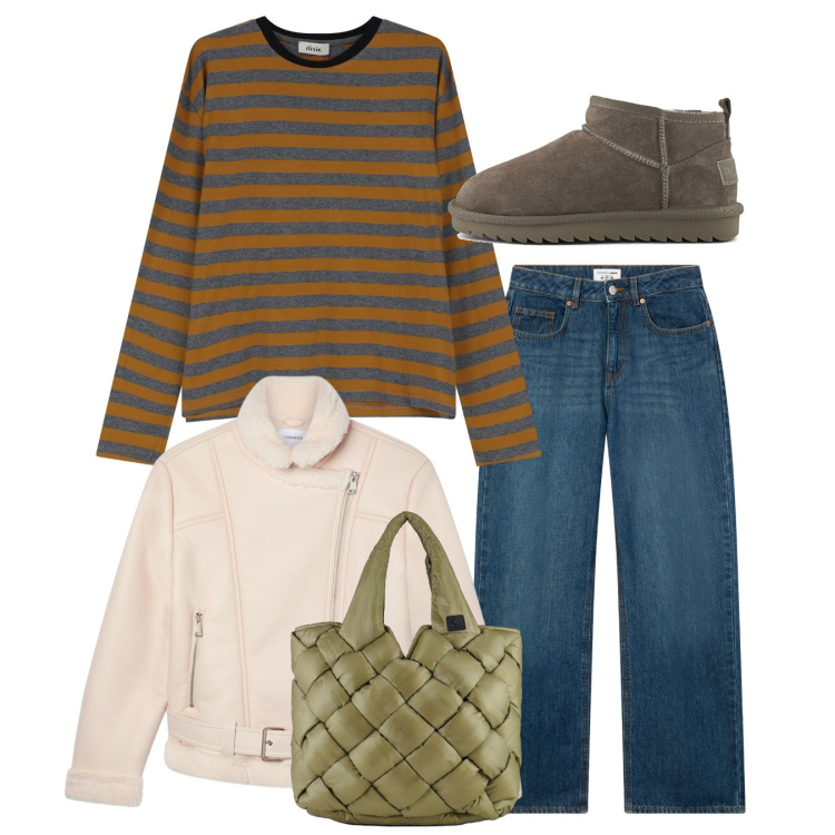 Outfit donna - Total look. Stile Casual per Tutti i giorni. Abbinamento con bomber, jeans, t-shirt, borse tote, stivali.