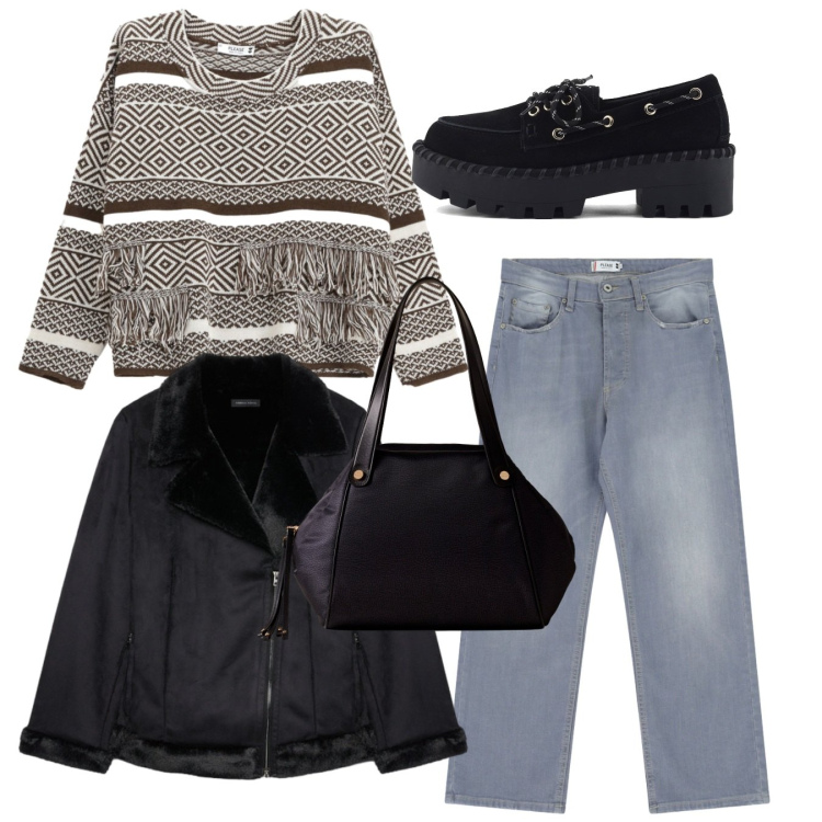 Outfit donna - Total look. Stile Casual per Tutti i giorni. Abbinamento con jeans dritti, maglieria, shopping bag, giacche, mocassini.