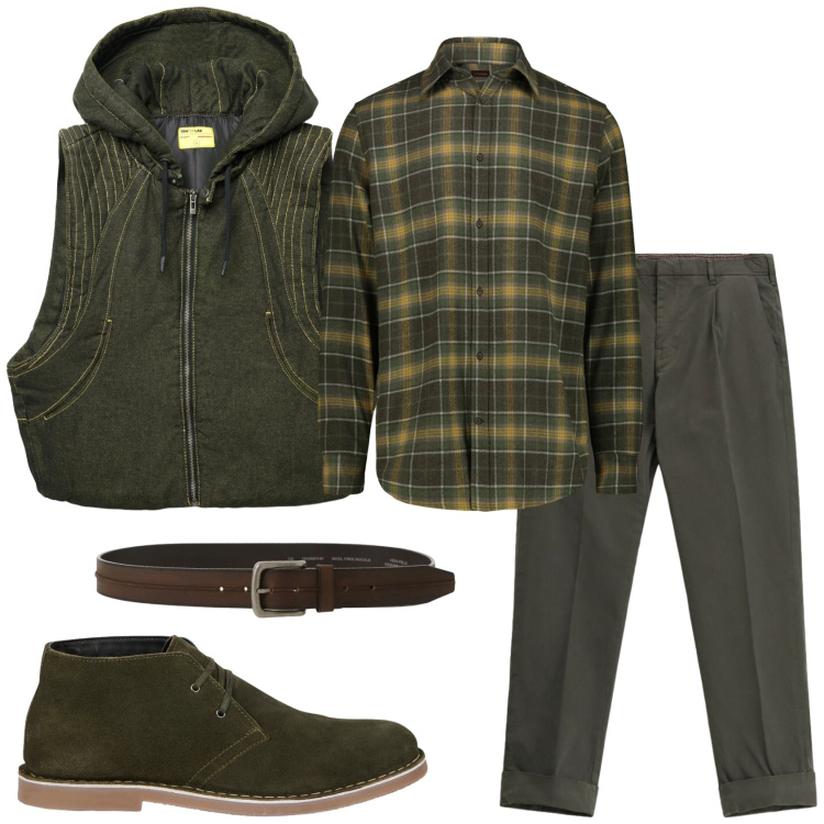Outfit uomo - Total look #2290948. Stile Casual per Tutti i giorni. Abbinamento con gilet, pantaloni chino, cinture, stivali e stivaletti, camicie.