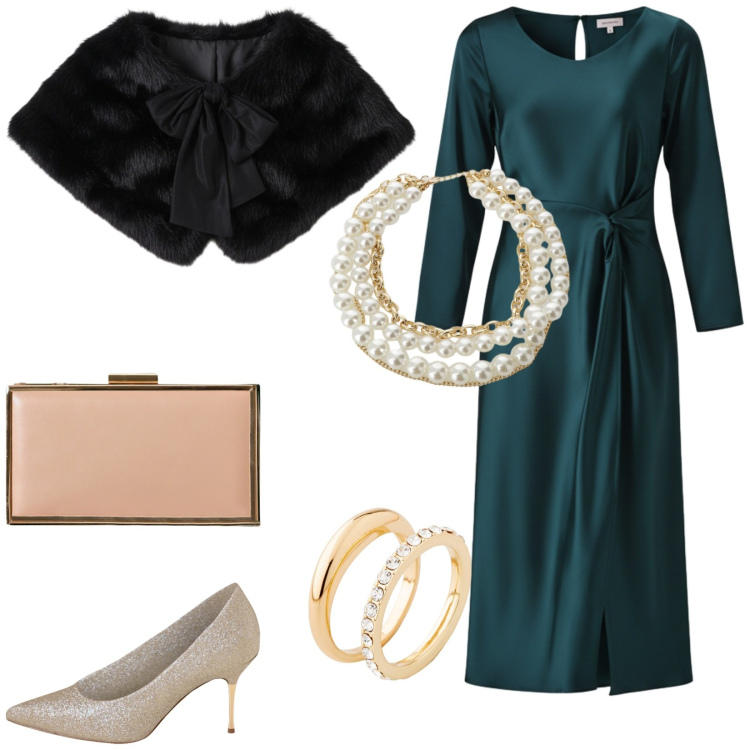 Outfit donna - Si torna a teatro. Stile Glamour per Serata fuori. Abbinamento con anelli, vestiti midi/longuette, stole, pochette, décolleté, collane.