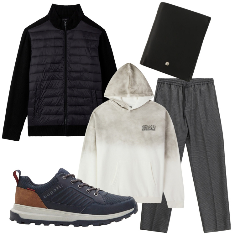 Outfit uomo - Total look #2290950. Stile Urban per Tutti i giorni. Abbinamento con sneakers, felpe con cappuccio, piumini, pantaloni, portafogli.
