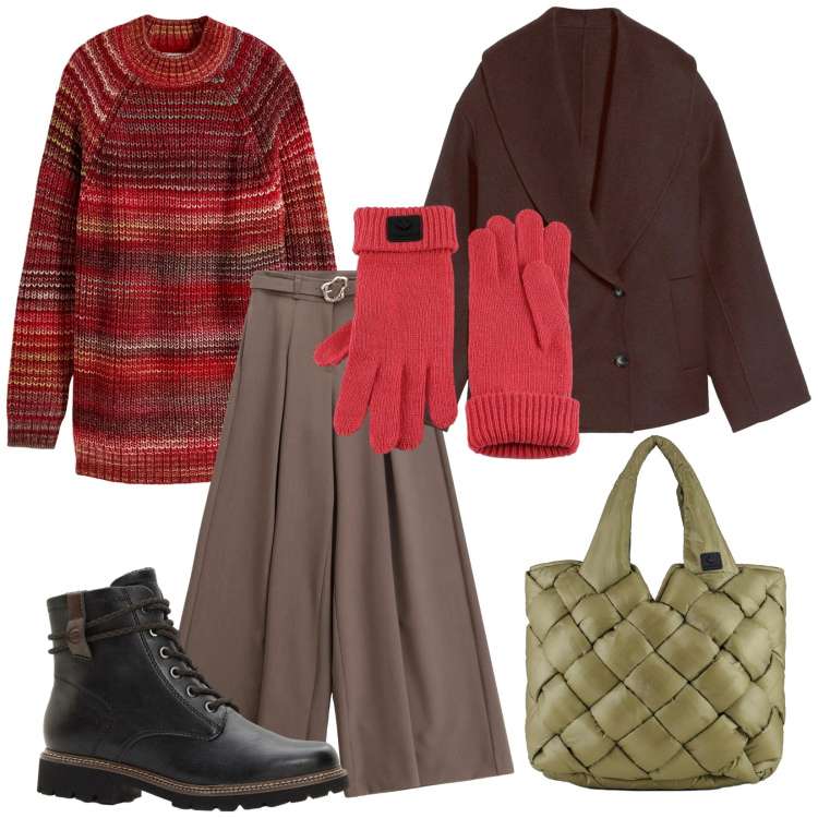 Outfit donna - Caldi colori dell\'autunno. Stile Casual per Tutti i giorni. Abbinamento con caban, stivaletti, maglieria, pantaloni, borse tote, guanti.