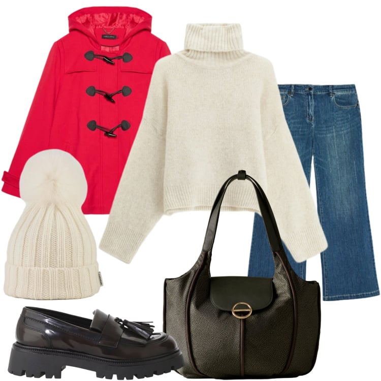 Outfit donna - Dicembre freddo. Stile Urban per Tutti i giorni. Abbinamento con maglieria, shopping bag, mocassini, berretti, blazer, jeans dritti.