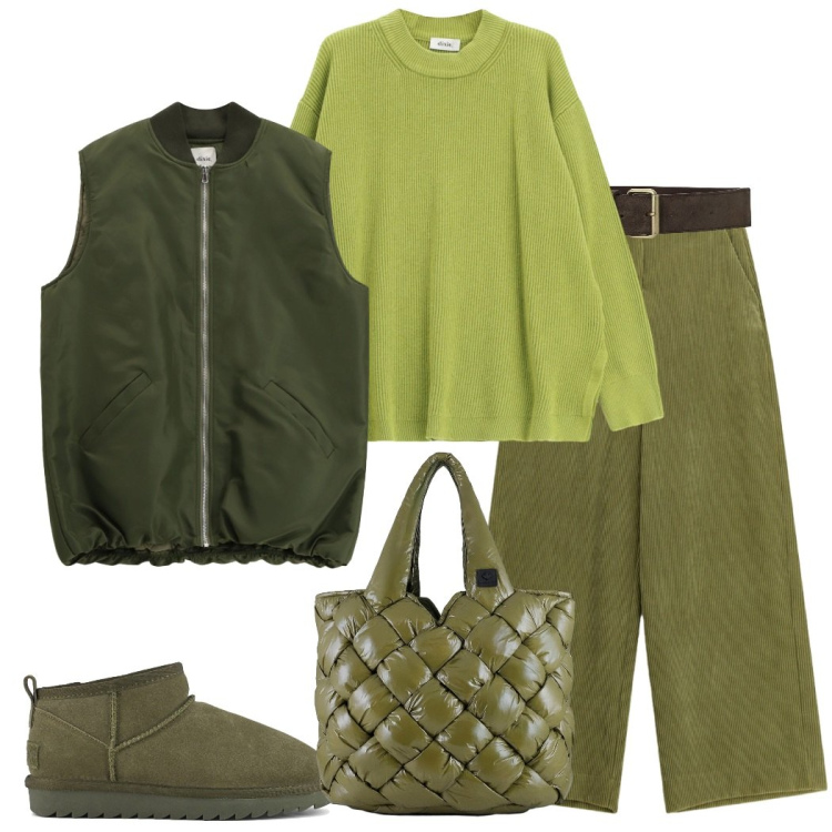 Outfit donna - Qualcosa di velluto. Stile Urban per Tutti i giorni. Abbinamento con pantaloni a palazzo, piumini, cinture, maglieria, borse tote, stivali.