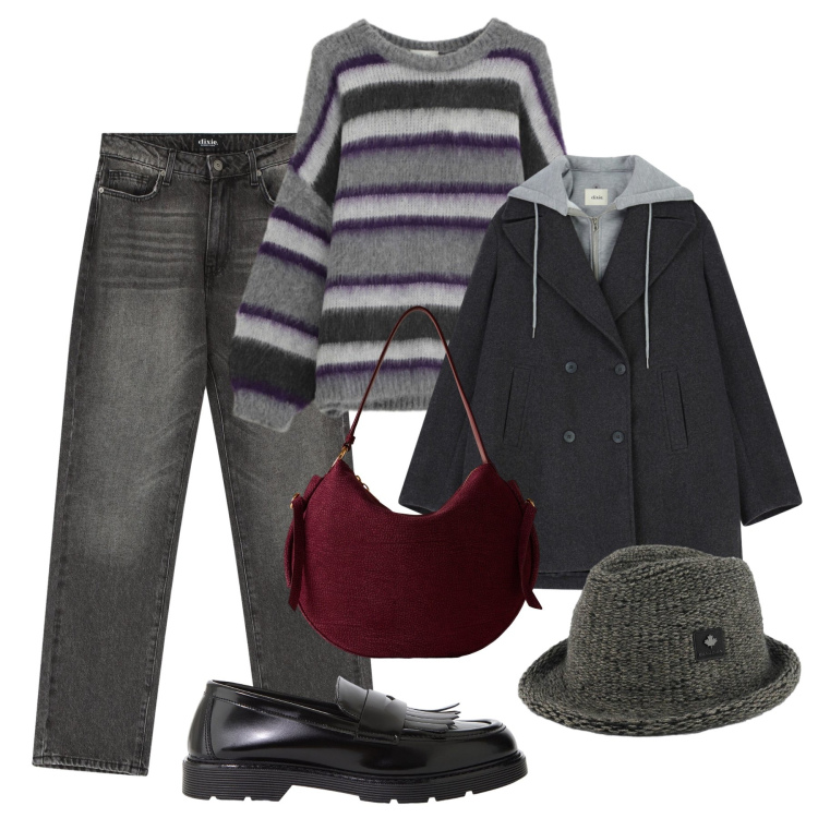 Outfit donna - Giornata di commissioni. Stile Urban per Tutti i giorni. Abbinamento con jeans dritti, mocassini, borse a spalla, maglieria, piumini, cappelli.