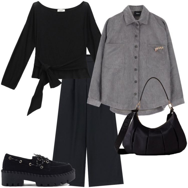 Outfit donna - Qualcosa di velluto. Stile Casual chic per Tutti i giorni. Abbinamento con borse a spalla, blazer, top, pantaloni a palazzo, mocassini.