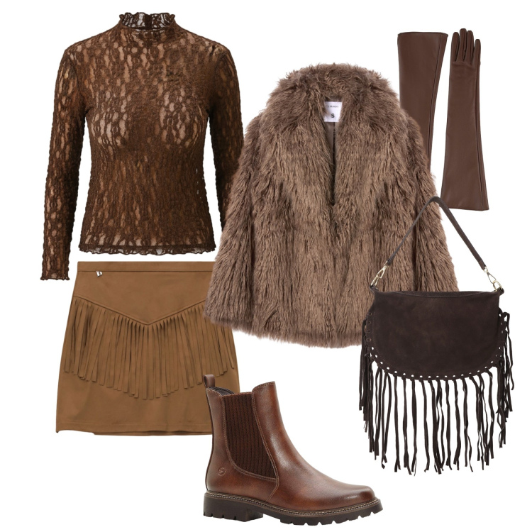 Outfit donna - Serata tra amici frange e pizzo. Stile Casual chic per Serata fuori. Abbinamento con stivaletti chelsea, bluse, ecopellicce, minigonne, borse a tracolla, guanti.