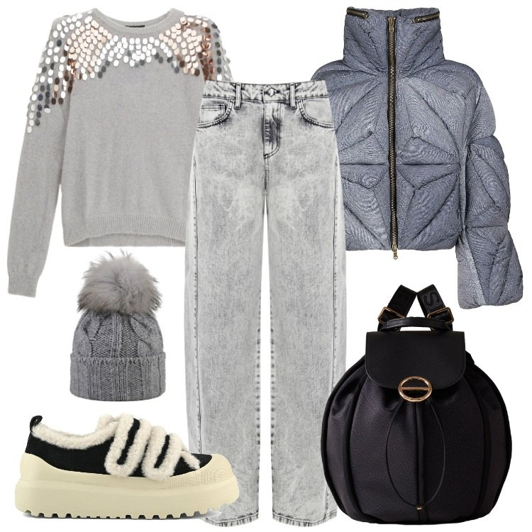 Outfit donna - Total look #2290962. Stile Urban per Tutti i giorni. Abbinamento con jeans, pullovers, zaini, piumini, berretti, sneakers.