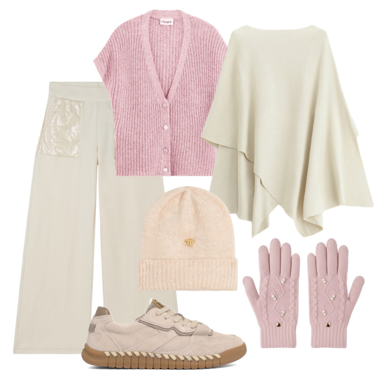 Outfit donna - Layering pastello sporty chic. Stile Sporty chic per Tutti i giorni. Abbinamento con maglieria, maglieria, guanti, berretti, pantaloni sportivi, sneakers.