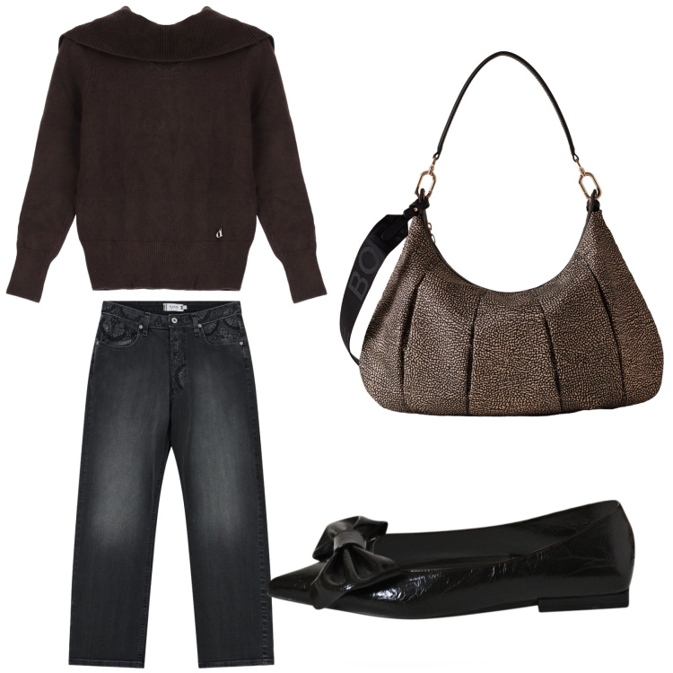 Outfit donna - Aperitivo. Stile Trendy per Tutti i giorni. Abbinamento con jeans dritti, ballerine, borse a spalla, maglieria.
